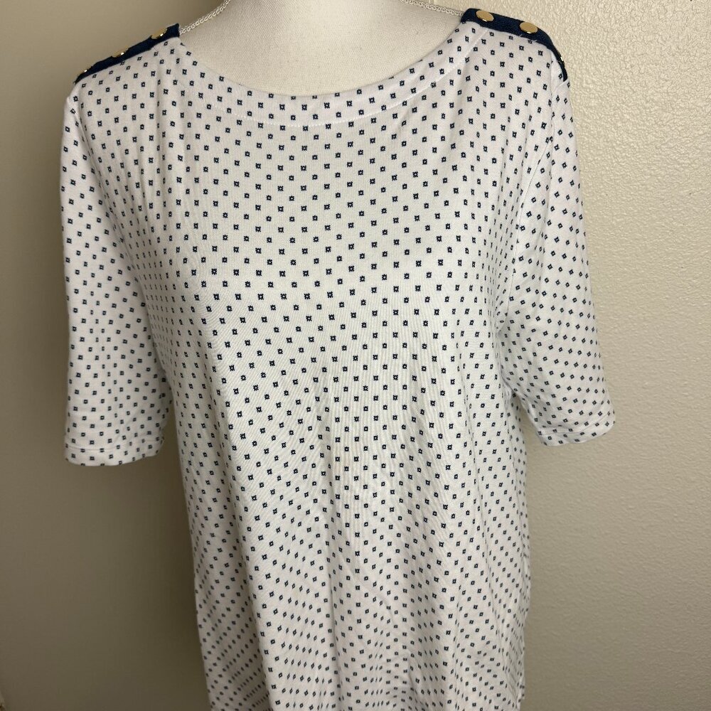 Croft & Barrow T-Shirt Top Scoop Neck Cotton Navy & White Gold Buttons